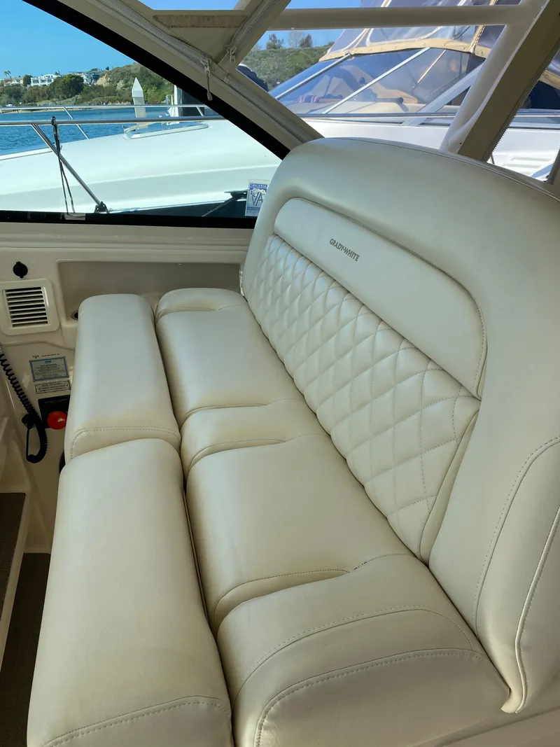 Slide: The Image of Luxurious seating on 2017 Grady-White Freedom 375 boat, featuring quilted leather upholstery. - 31