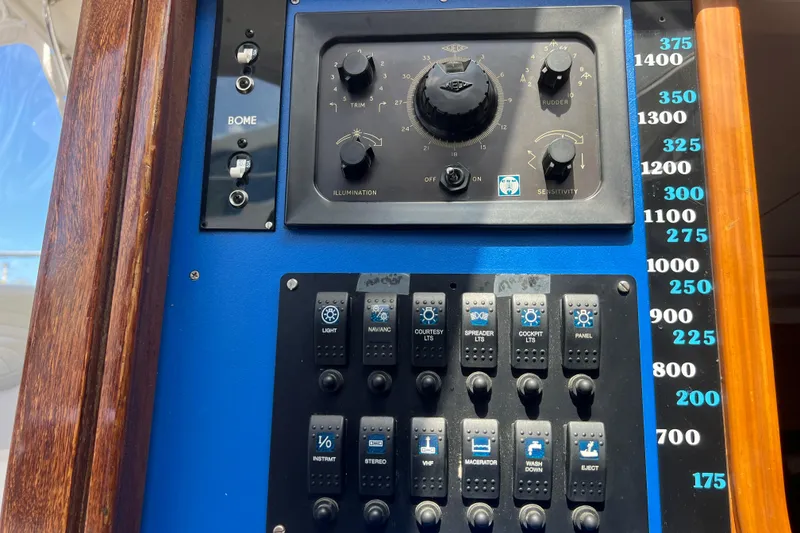 Slide: The Image of Control panel of a 1986 Amel Mango sailboat with various switches and dials. - 36