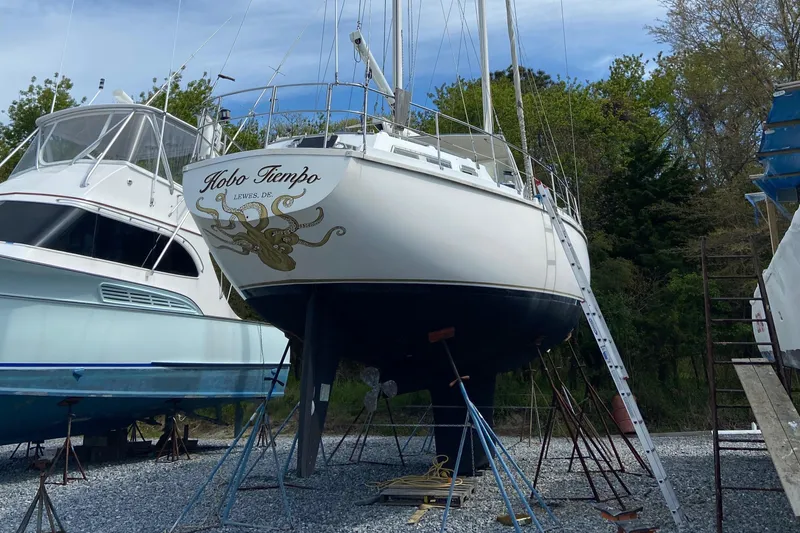 Slide: The Image of 1986 Amel Mango sailboat "Hobo Tiempo" on land, with octopus design, Lewes, DE. - 64
