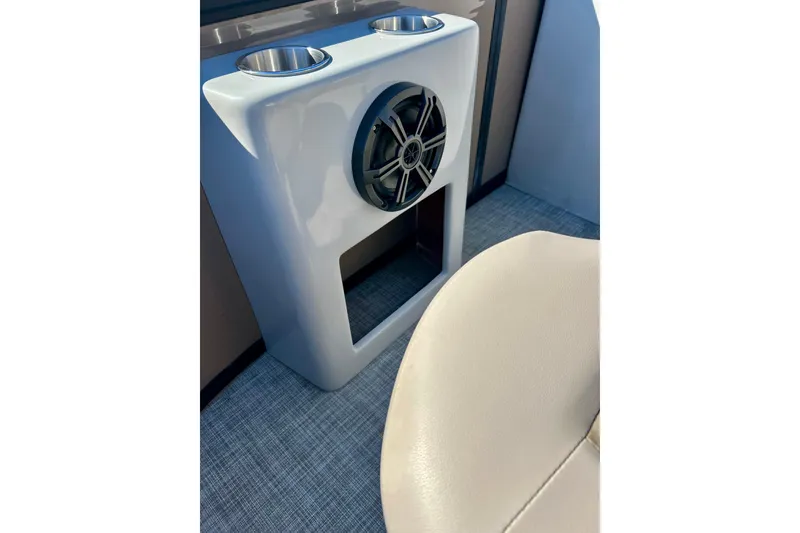 Slide: The Image of 2023 Flagship 200 Lounge Lounger speaker and cup holders on blue carpet. - 22