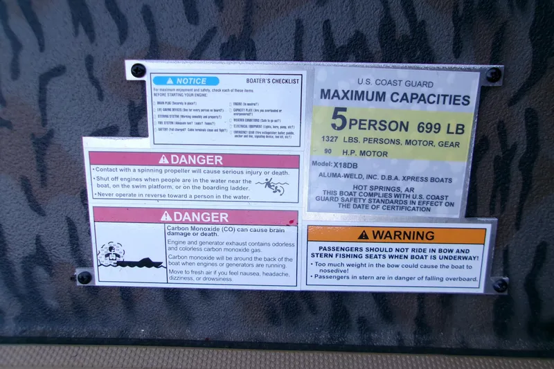 Slide: The Image of Safety and capacity labels on 2026 Xpress X18DB boat, highlighting maximum load and warnings. - 2