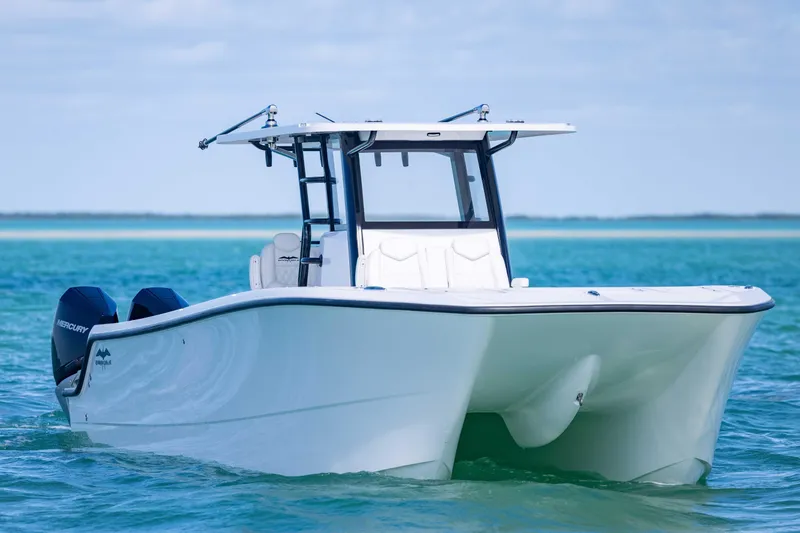 Slide: The Image of 2025 Invincible 35 Catamaran on clear blue water, showcasing sleek design and twin Mercury engines. - 7