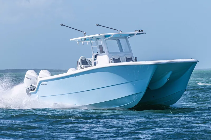 Slide: The Image of 2025 Invincible 35 Catamaran cruising on open water, showcasing sleek design and powerful engines. - 31