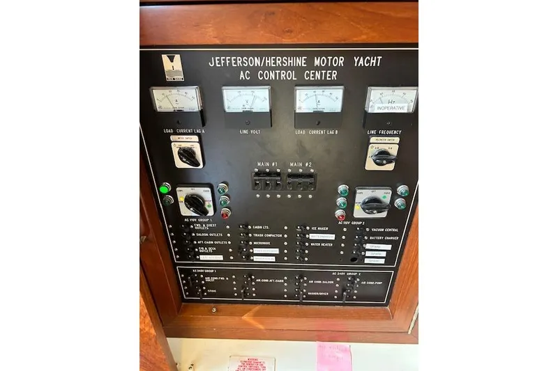 Slide: The Image of Control panel of a 1996 Jefferson 52 Rivanna Cockpit Motor Yacht, featuring gauges and switches. - 54