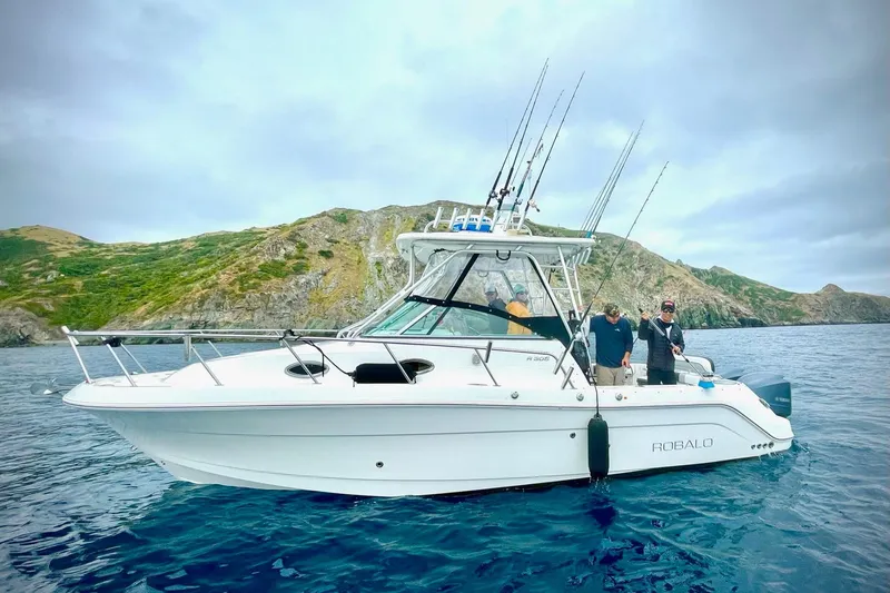 Slide: The Image of 2007 Robalo R305 Walkaround boat with anglers, scenic rocky coastline backdrop. - 7
