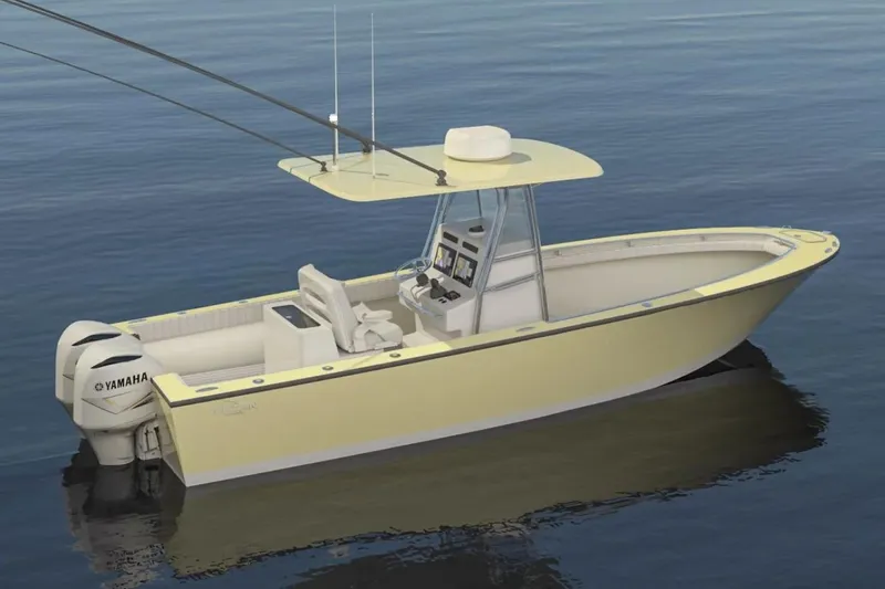 Slide: The Image of Manufacturer Provided Image: 2026 Metan Baretto Cove 26 boat on calm water, featuring Yamaha engines. - 4