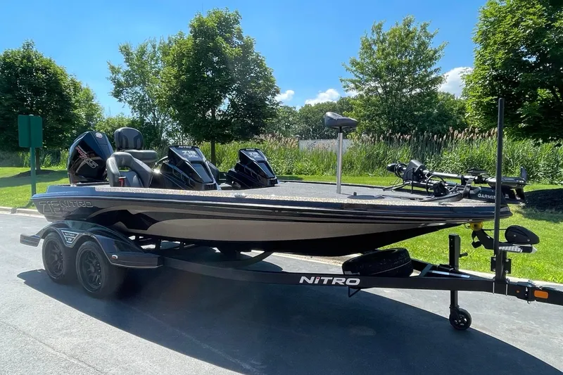 Slide: The Image of 2026 Nitro Z19 XL Pro boat on trailer, parked outdoors on a sunny day. - 1