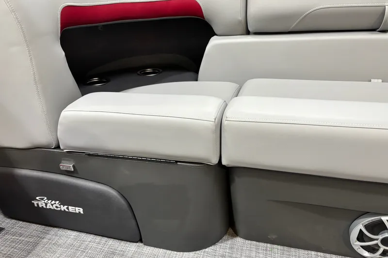 Slide: The Image of 2026 Sun Tracker Party Barge 22 RF DLX interior seating with cup holders. - 15