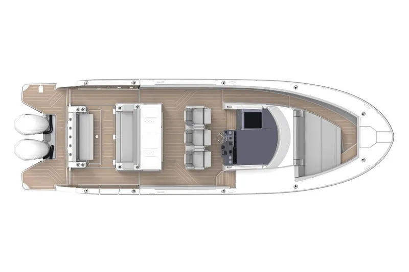Slide: The Image of Manufacturer Provided Image: Top view of 2026 Regal 34 SAV boat layout with dual engines. - 15