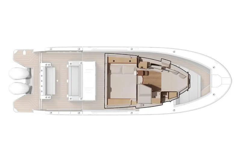 Slide: The Image of Manufacturer Provided Image: Top view of 2026 Regal 34 SAV boat layout with dual engines. - 16