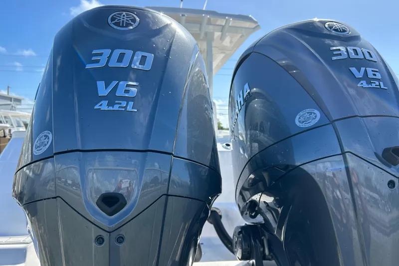 Slide: The Image of Twin Yamaha 300 V6 4.2L engines on a 2026 Sea Fox 288 Commander boat. - 35