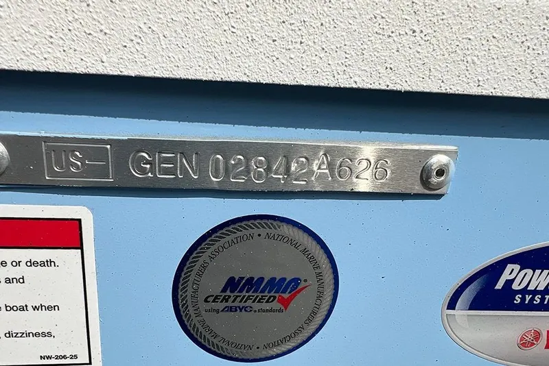 Slide: The Image of 2026 G3 Bay 17 boat identification plate with certification stickers. - 11