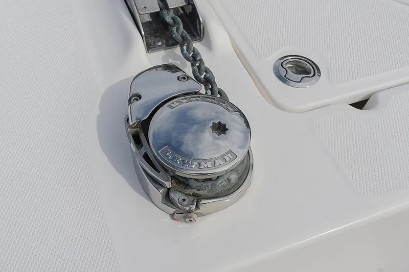 Slide: The Image of Close-up of a 2015 Everglades 295 Center Console boat's anchor windlass system. - 31