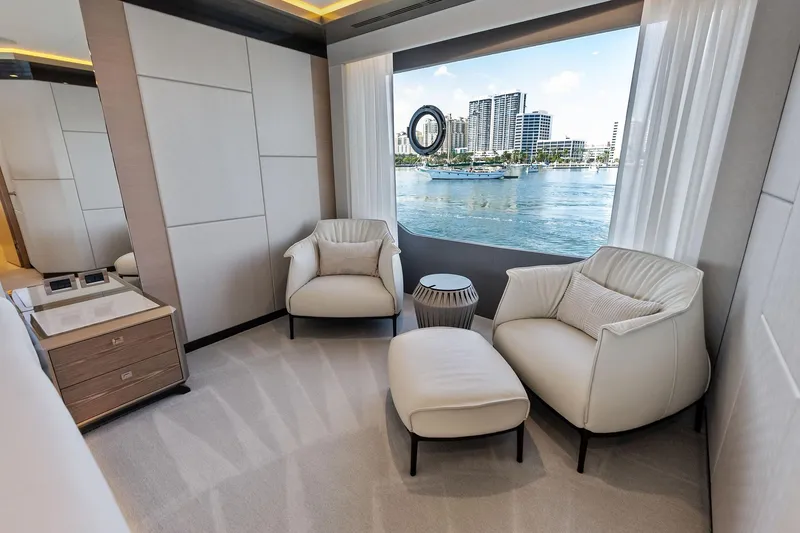 Slide: The Image of Luxurious interior of 2024 Ocean Alexander 35 Revolution yacht with waterfront view. - 45