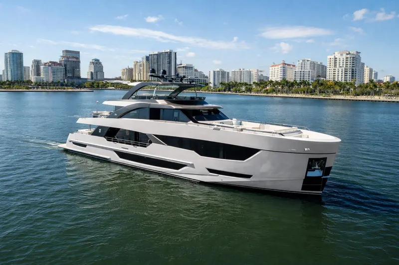 The Image of Luxury 2024 Ocean Alexander 35 Revolution yacht cruising near city skyline. - 0