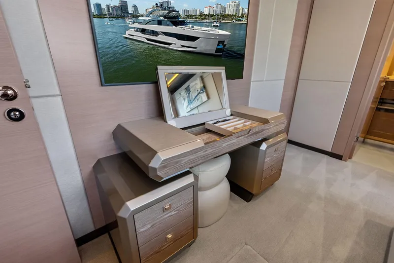 Slide: The Image of Luxurious interior of 2024 Ocean Alexander 35 Revolution yacht with elegant vanity setup. - 54