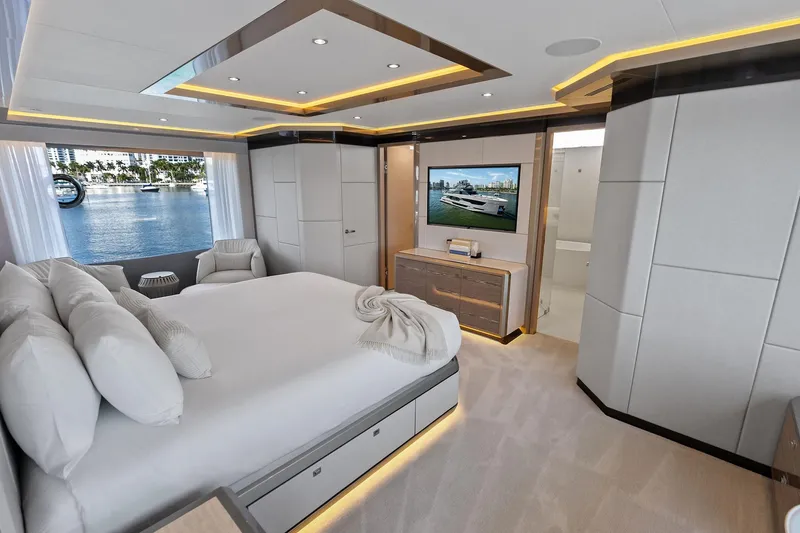 Slide: The Image of Luxurious bedroom interior of 2024 Ocean Alexander 35 Revolution yacht with waterfront view. - 43