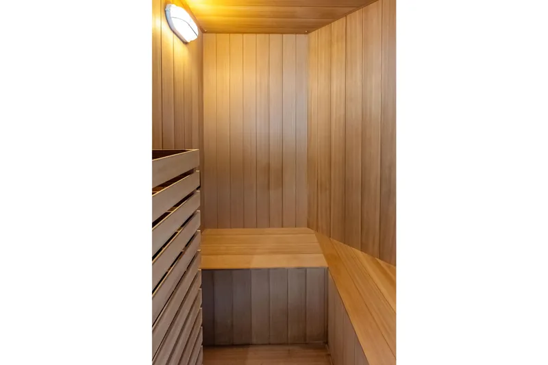 Slide: The Image of Wooden sauna interior on 2024 Ocean Alexander 35 Revolution yacht. - 39