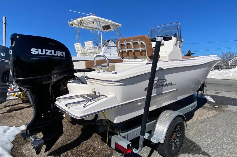 Slide: The Image of 2022 Pioneer 202 Sportfish boat with Suzuki outboard motor on trailer. - 4