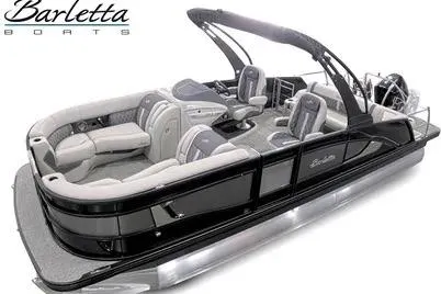 Slide: The Image of 2023 Barletta L23U pontoon boat with sleek design and luxurious seating. - 2