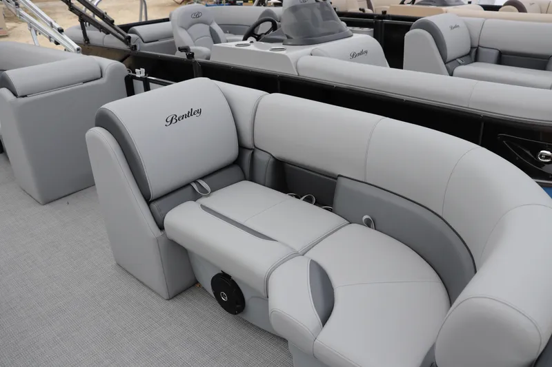 Slide: The Image of Luxurious seating on 2026 Bentley Pontoons LE 200 CW, featuring elegant gray upholstery. - 3