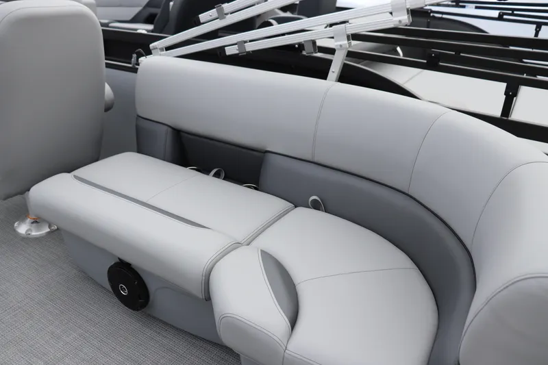 Slide: The Image of 2026 Bentley Pontoons LE 200 CW interior with luxurious gray seating. - 6