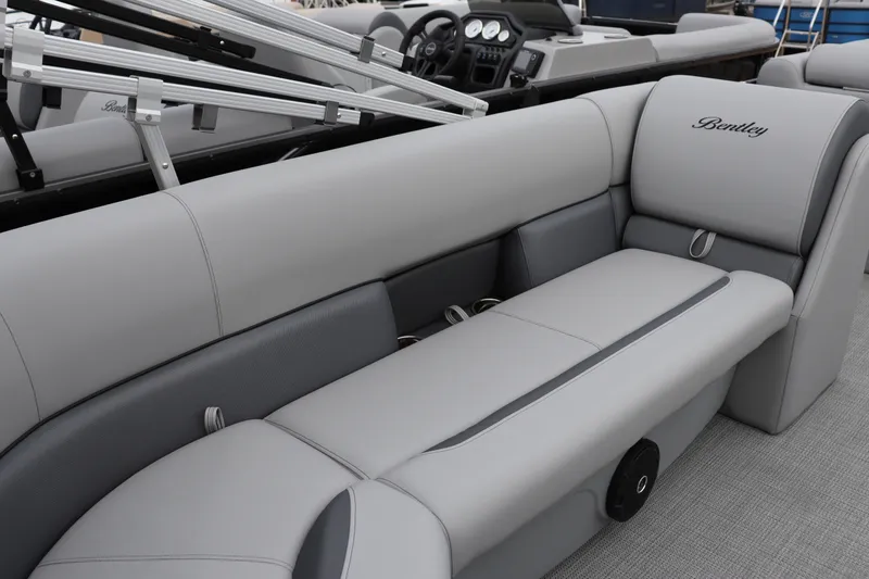 Slide: The Image of 2026 Bentley Pontoons LE 200 CW interior with luxurious gray seating and elegant design. - 7