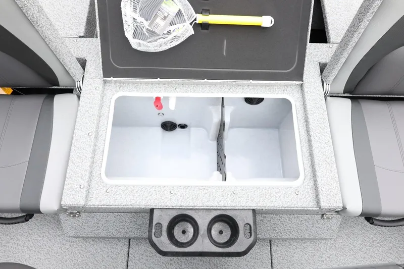 Slide: The Image of 2026 Lund 1775 Impact XS Sport boat interior with open storage compartment. - 41