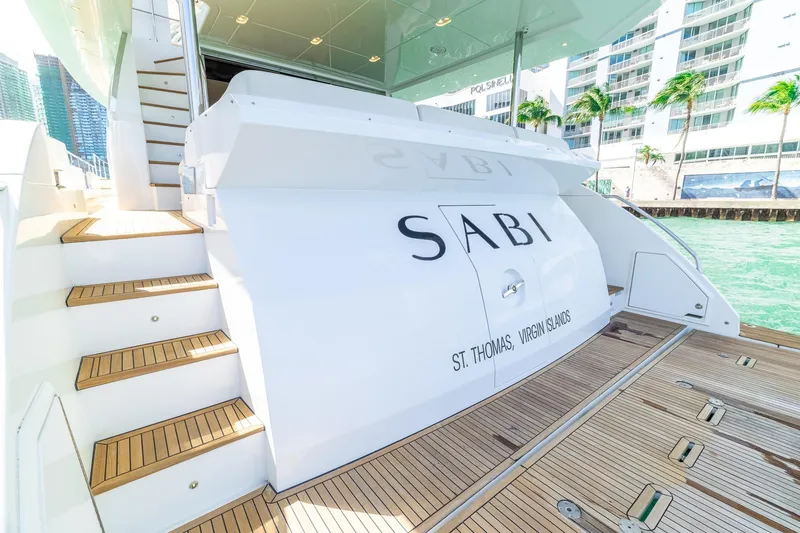 Slide: The Image of Luxury Azimut 80 yacht, 2015 model, docked with elegant wooden deck and stairs. - 5