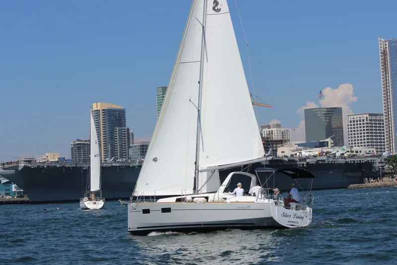 Slide: The Image of 2015 Beneteau Oceanis 35 sailboat on water with city skyline. - 21