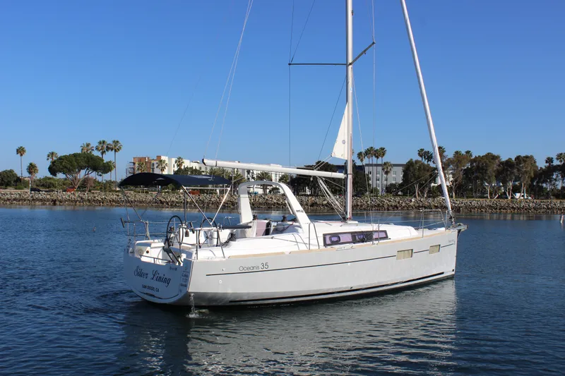 Slide: The Image of 2015 Beneteau Oceanis 35 sailboat on calm water, clear blue sky background. - 4