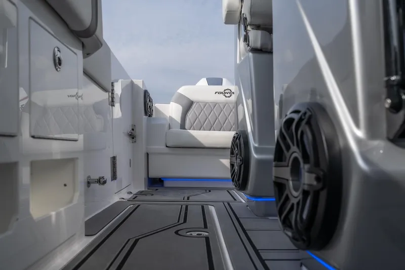 Slide: The Image of 2026 Fountain 38 SCX boat interior with sleek seating and modern design elements. - 42