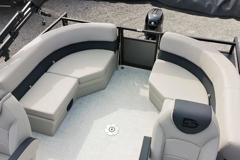 Slide: The Image of Interior of 2026 Dockside 20 DQ pontoon boat with plush seating and modern design. - 10