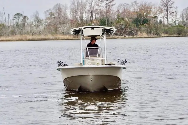 Slide: The Image of 2017 Carolina Skiff 238 DLV boat navigating a calm river with trees in the background. - 5