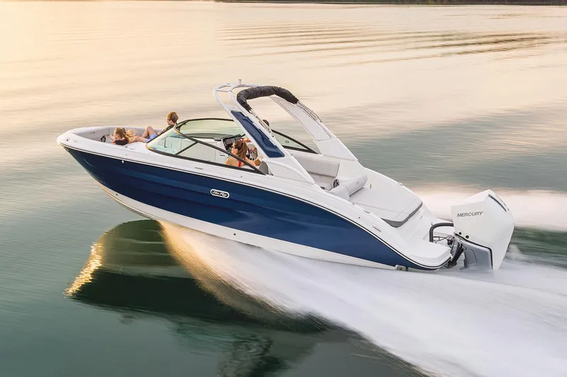 Slide: The Image of 2026 Sea Ray SDX 250 Outboard boat displayed at Prince William Marina. - 2