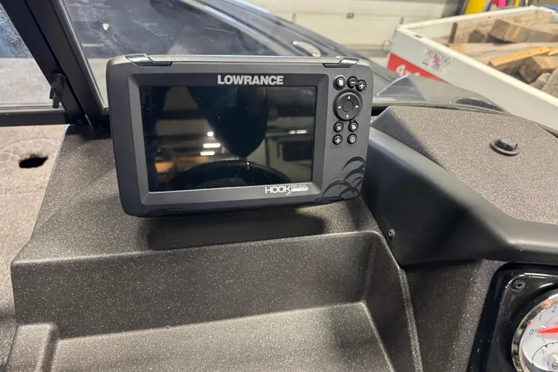 Slide: The Image of Lowrance Hook Reveal fish finder on 2024 Tracker Targa V-18 Combo boat dashboard. - 9