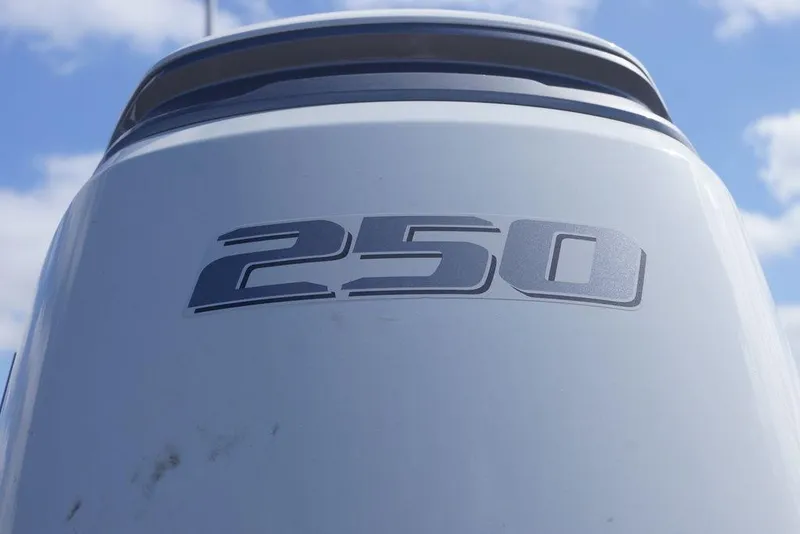 Slide: The Image of Close-up of Excel 230 Bay Pro Elite 2026 boat engine with '250' decal. - 20