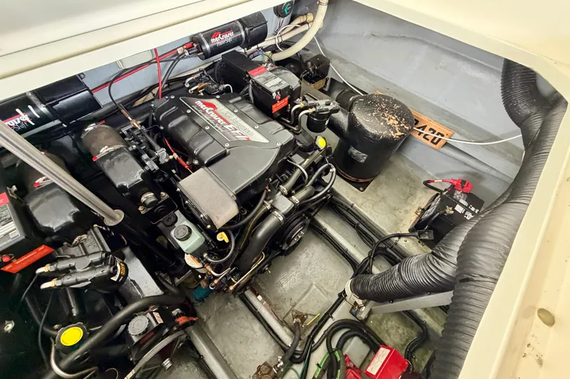 Slide: The Image of Engine compartment of 1995 Sea Ray 380 Sun Sport with MerCruiser engine. - 17