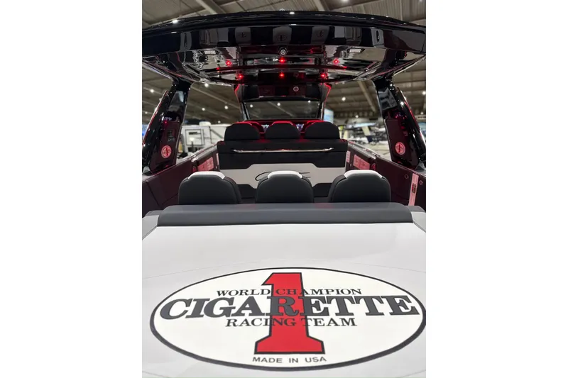 Slide: The Image of 2024 Cigarette 41' Nighthawk SD Edition boat interior with racing team logo. - 20
