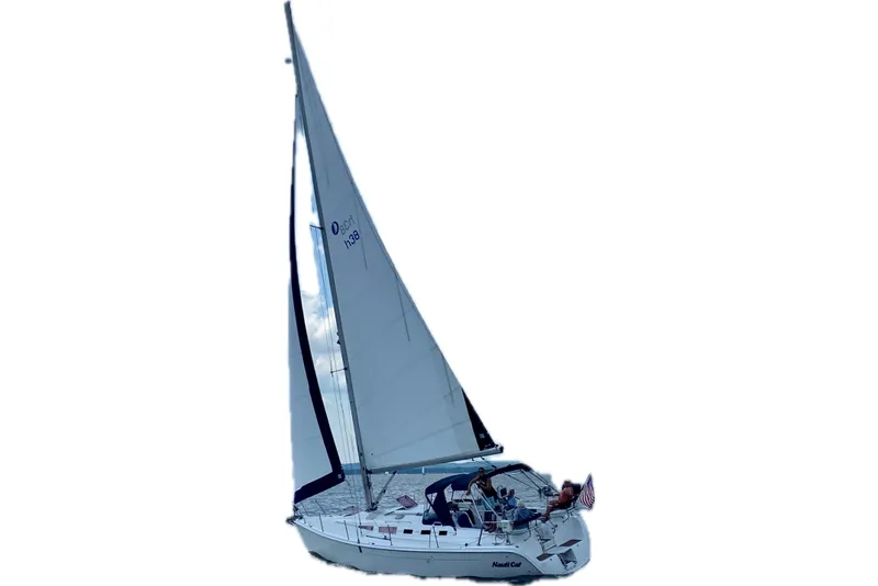 Slide: The Image of 2005 Hunter 38 sailboat with full sails on open water. - 8