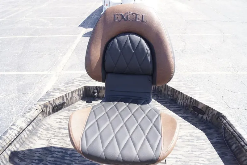 Slide: The Image of 2026 Excel 203 Bay Pro Elite boat seat with diamond-pattern upholstery. - 20