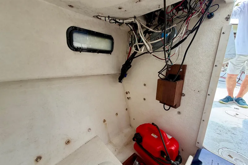 Slide: The Image of Interior view of a 2000 Eastern 22 Lobster Fisherman boat, showing wiring and equipment. - 18