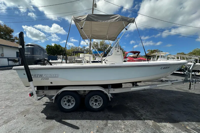 Slide: The Image of 2012 Pathfinder 2200 V boat on trailer, featuring Yamaha engine, under a clear blue sky. - 8