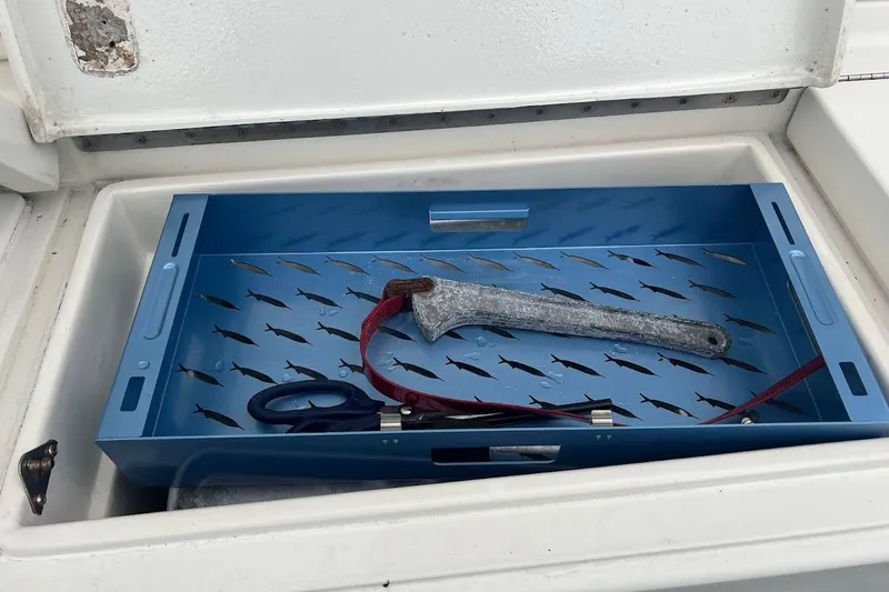 Slide: The Image of Storage compartment on 1999 Ocean Yachts 48 Express with tools and fish-patterned tray. - 57