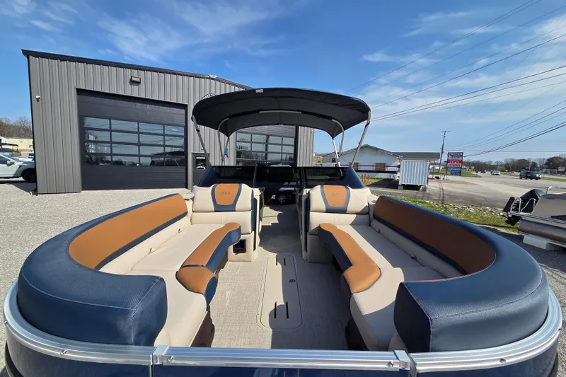Slide: The Image of 2026 Avalon Platinum Catalina 2585 Windshield Elite pontoon boat with luxurious seating and canopy. - 7