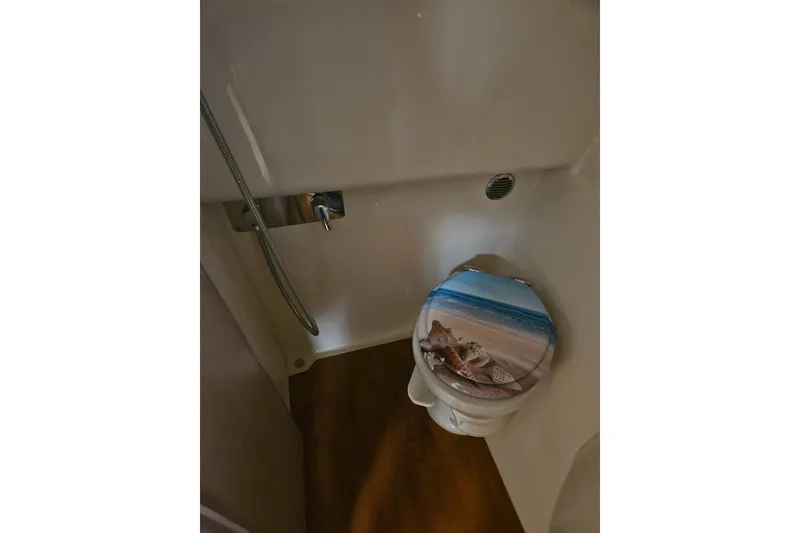 Slide: The Image of Bathroom in 2010 Formula 34 Performance Cruiser with beach-themed toilet seat cover. - 34