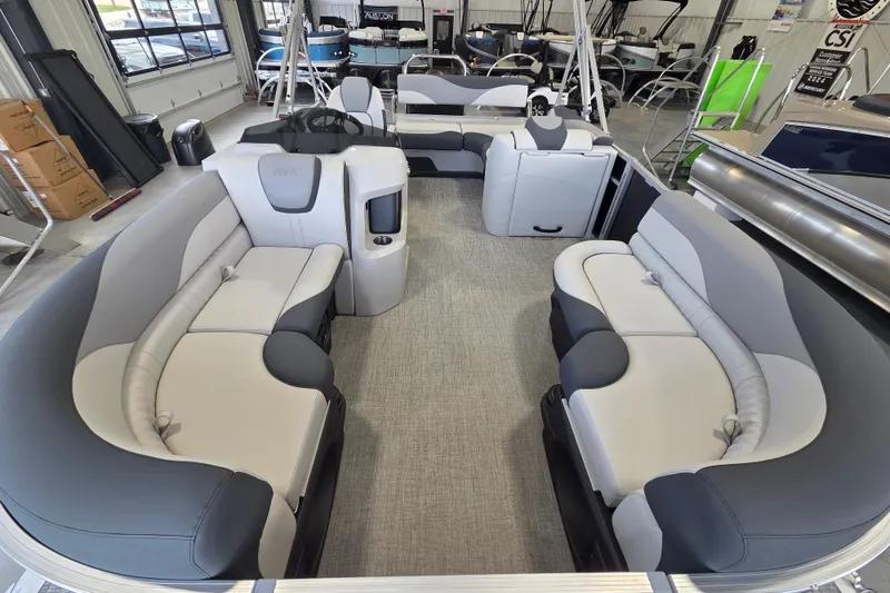 Slide: The Image of 2026 Avalon LSZ 2185 Cruise Rear Bench pontoon boat interior with plush seating. - 6