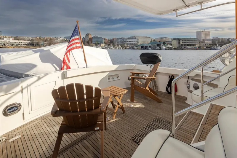 Slide: The Image of Deck of a 2003 Grand Banks 54 Eastbay SX with American flag. - 14