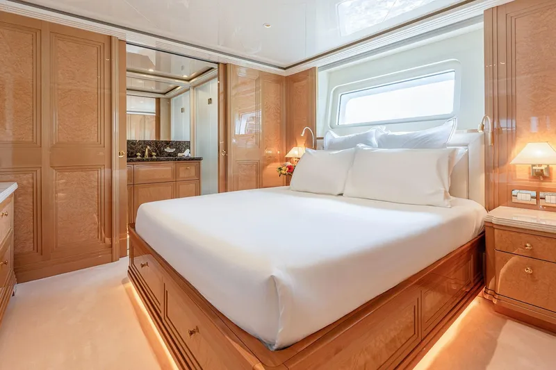 Slide: The Image of Luxurious bedroom interior of 2017 Sanlorenzo SD112 yacht with elegant wood finishes. - 17