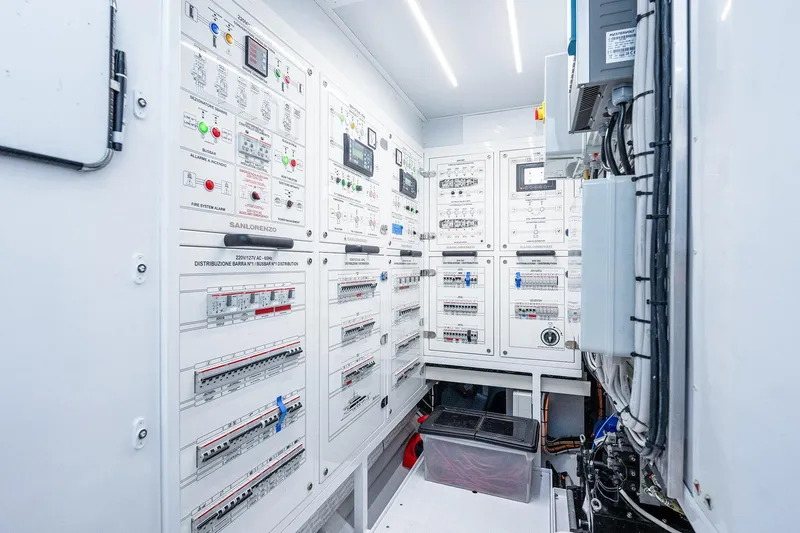Slide: The Image of Electrical control room of 2017 Sanlorenzo SD112 yacht, featuring advanced panels and wiring. - 48
